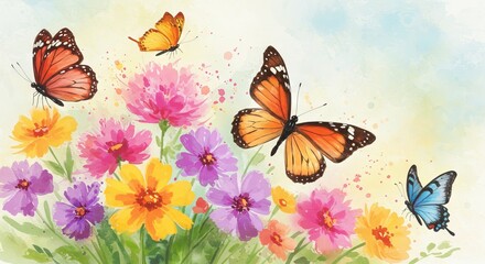 Colorful butterflies and flowers in a spring scene.