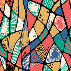 Abstract seamless pattern in ethno tribal style. Artistic design tile of hand drawn geometric doodle pattern. Stylish wallpaper textile graphics print with abstract drawing. Vector illustration.