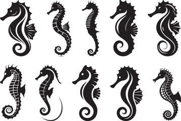 Ten black silhouettes of sea horses on white background