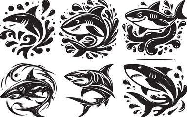 Shark silhouettes in water splash designs ocean wildlife art