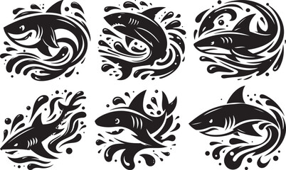 Fototapeta premium Six stylized sharks swimming in ocean waves black and white design
