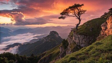 Dramatic Sunset Landscape Photography Lone Tree on Mountain Cliff