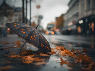 An umbrella with orange patterns lies on a wet street scattered with fallen autumn leaves, in an urban setting.