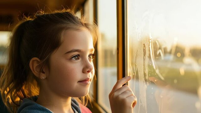 Girl drawing on steamy window during travel on a bus or train