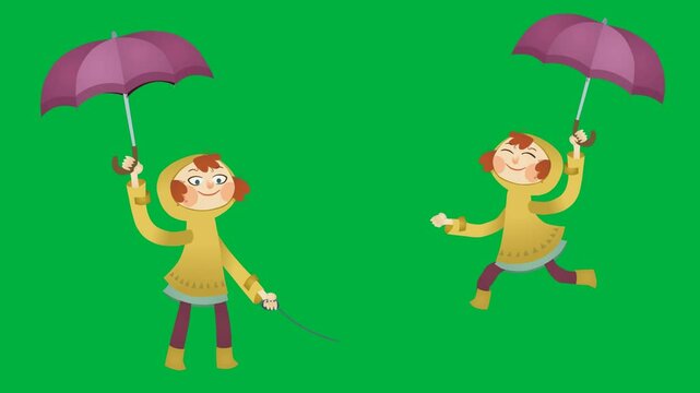 Funny cartoon character green screen chroma key background  leopard print background  two sisters holding pink umbrellas and wearing  jackets going to the park one walking and the other running