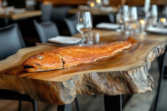 Smoked fish on a wooden table in a restaurant