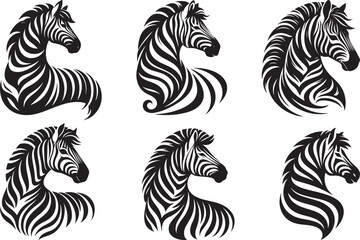 Six elegant black and white zebra head silhouettes