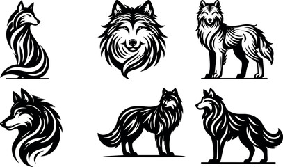 Six stylized black and white wolf illustrations