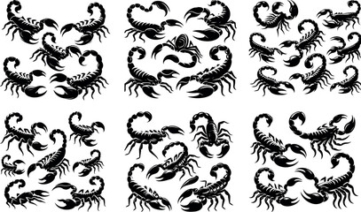 Collection of black scorpion silhouettes various poses