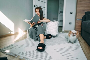 woman enjoying a peaceful reading session with her japanese chin dogs in sunlit living room,...