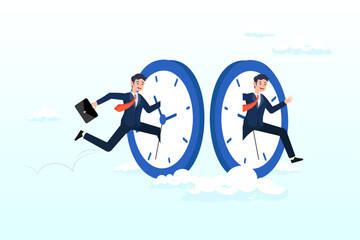 Fototapeta premium Businessman jump into clock to the future, time management or time travel to the future, time flied fast to work deadline, productivity or efficiency, effort or work schedule, evolution concept