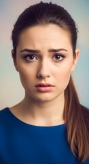Fototapeta premium Worried Woman Portrait, Sad Young Female Expressing Worry, Concern, and Doubt in Studio.