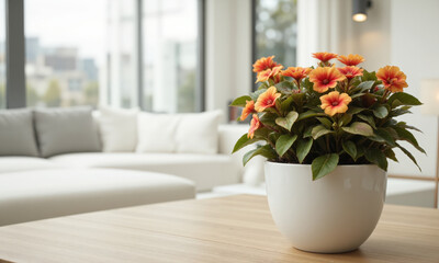 Fototapeta premium Begonia (Begonia spp.) Compact plant with vibrant, waxy flowers and lush green or bronze foliage, potted in a glazed ceramic