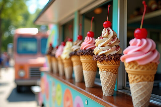 Ice cream cones on blurred food truck background.Summer food.AI