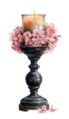 Fototapeta premium A beautiful watercolor painting of a candle with pink hydrangeas on a vintage stand, featuring faded dark colors and highly detailed elements.