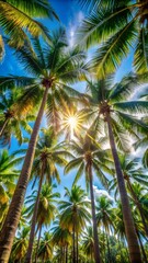 Fototapeta premium coconut palm tree, Sunlight Filtering Through Palm Trees Summer Nature Scene Palm Trees Sunlight Rays Tropical Forest Light View 