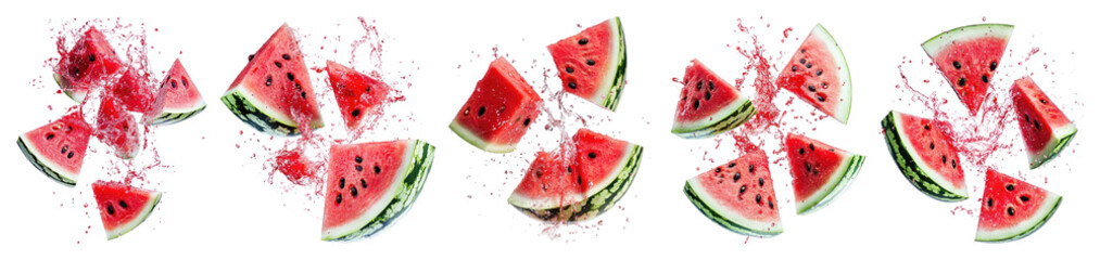 PNG Fresh watermelon slices scattered creatively, element set on transparent background