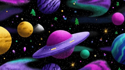 space party design, colorful hand-drawn backdrop with cartoon ufos, planets, and aliens in a festive space theme for a whimsical look