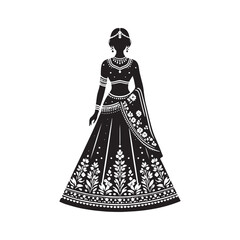 Fototapeta premium Elegant Lehenga Choli Vector Silhouette – Traditional Indian Bridal Attire, Ornate Embroidery, Vibrant Colors, Cultural Heritage, and Timeless Festive Beauty. 