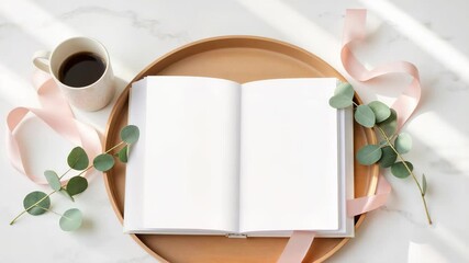 Morning Coffee and Open Journal - Wooden Tray with Blank Notebook, Eucalyptus Leaves, and Pink Ribbon for Lifestyle Blogs, Creative Writing, and Cozy Home Content
