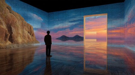 A person stands in an immersive room with walls and floor made of textured fabric, the texture creates a sense of depth and dimension.  A large door frame at one end leads out into virtual landscape.