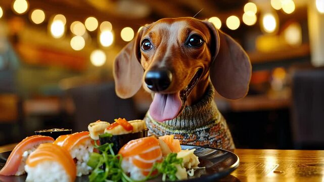 A happy dog sits by a sushi plate at a cozy restaurant. The inviting atmosphere adds to the joy of enjoying delicious food.