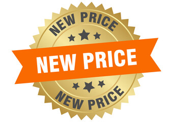 new price. new price round orange and gold label isolated on transparent background