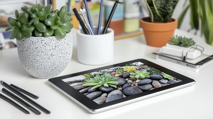 Succulent garden design on tablet screen home office desk