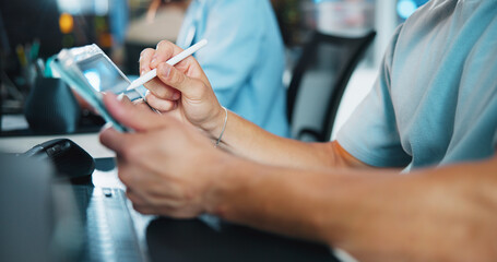 Tablet, programmer and stylus with hands of person in office for game designer, coding app and ux update. Software development, graphics upgrade and level gameplay with closeup of employee in agency