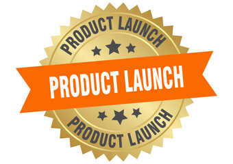 product launch. product launch round orange and gold label isolated on transparent background