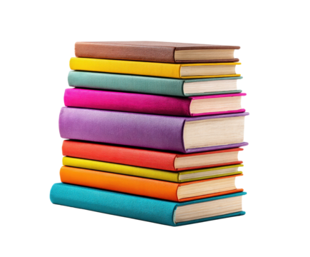 Colorful stacked books for education and creativity in study areas on a transparent background, cut out