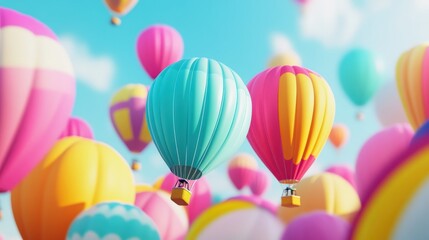 Obraz premium Colorful Hot Air Balloons in a Bright Blue Sky Above a Festival