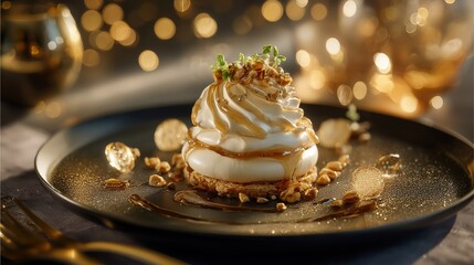 Hyperreal Food Photography of luxury dessert plating with golden accents, fine dining ambiance with cinematic depth and soft bokeh