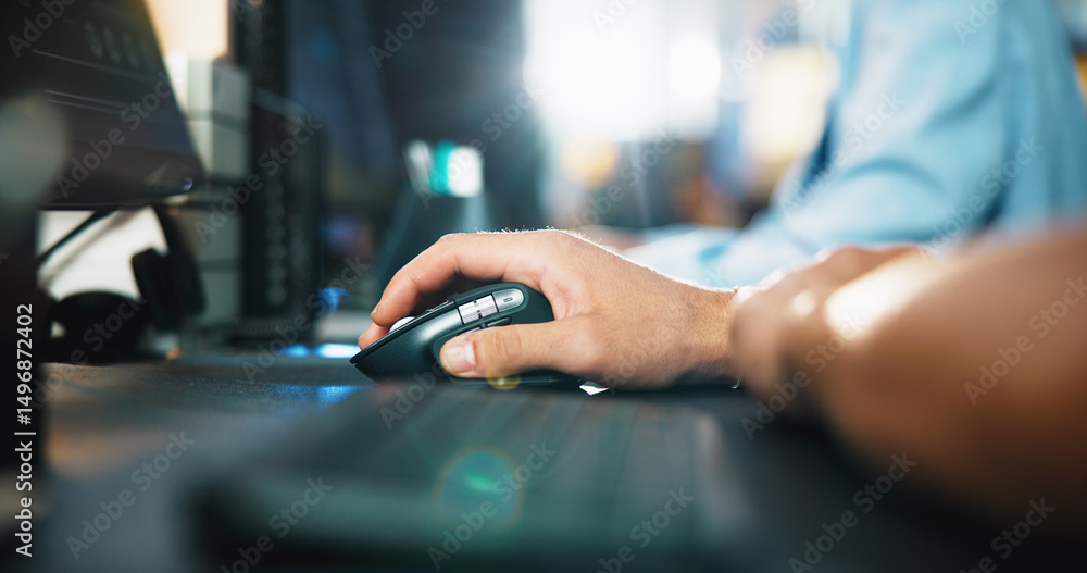 Poster Computer, programmer and mouse with hands of person in office for game designer, coding app and ux update. Software development, graphics upgrade and level gameplay with closeup of employee in agency