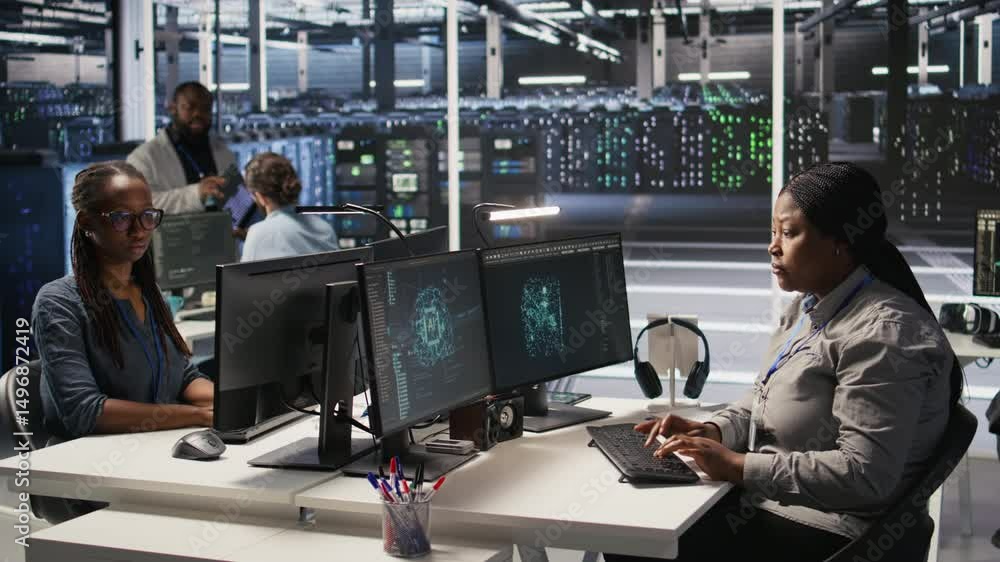 Poster data center system administrator using pc to monitor neural network ai visualization. african americ