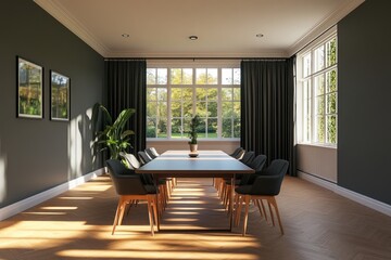 Fototapeta premium Sunlit dining room with dark walls and large windows
