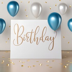  A celebratory scene unfolds, featuring the word "Birthday" elegantly inscribed on a card amidst an array of colorful balloons. The atmosphere is festive.