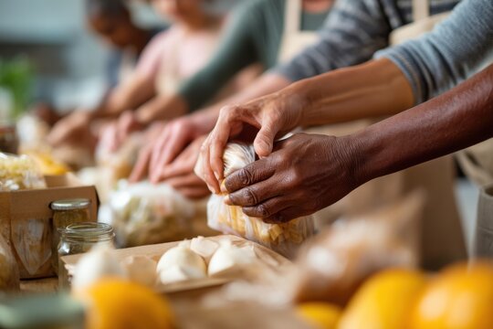 Diverse Volunteers Packing Food Donations Into Bags, Representing Charity and Community Support for Social Responsibility and Corporate Giving Initiatives : Generative AI