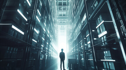 A worker in a modern warehouse aisle, focused and efficient in a dynamic logistics environment