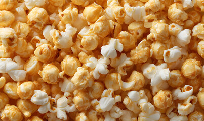 a macro shot of caramel-coated popcorn background texture. generative ai