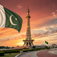 Minar-e-Pakistan Sunset: Stunning Pakistan Flag Image on transparent background