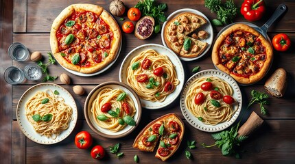 Delicious Italian feast featuring pizza and pasta on a wooden table