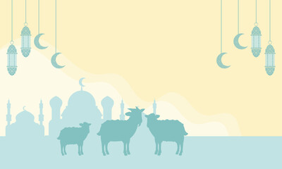 background of mosque, lanterns and goats. Eid al-Adha. Muslim theme background. Islamic celebration. vector illustration. hajj pilgrimage theme