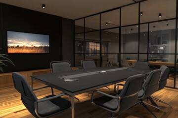 Fototapeta premium Modern dark meeting room with glass partitions, showcasing a long table with dark gray chairs and a large screen