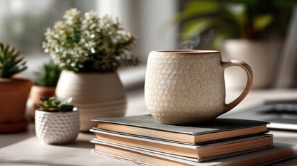 Steaming mug on books, plants, laptop; home office
