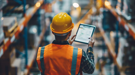 A worker in a modern warehouse aisle, focused and efficient in a dynamic logistics environment