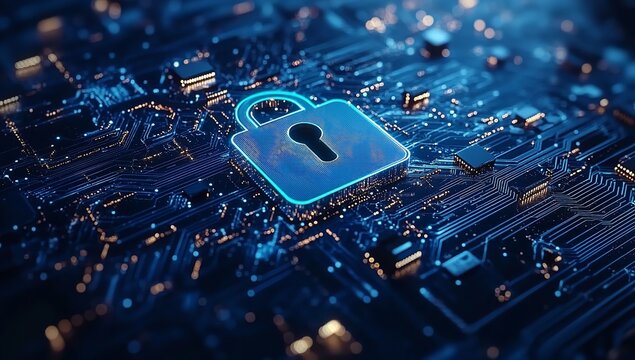 Securing the digital frontier with unwavering cyber protection a blue glowing padlock on intricate circuit