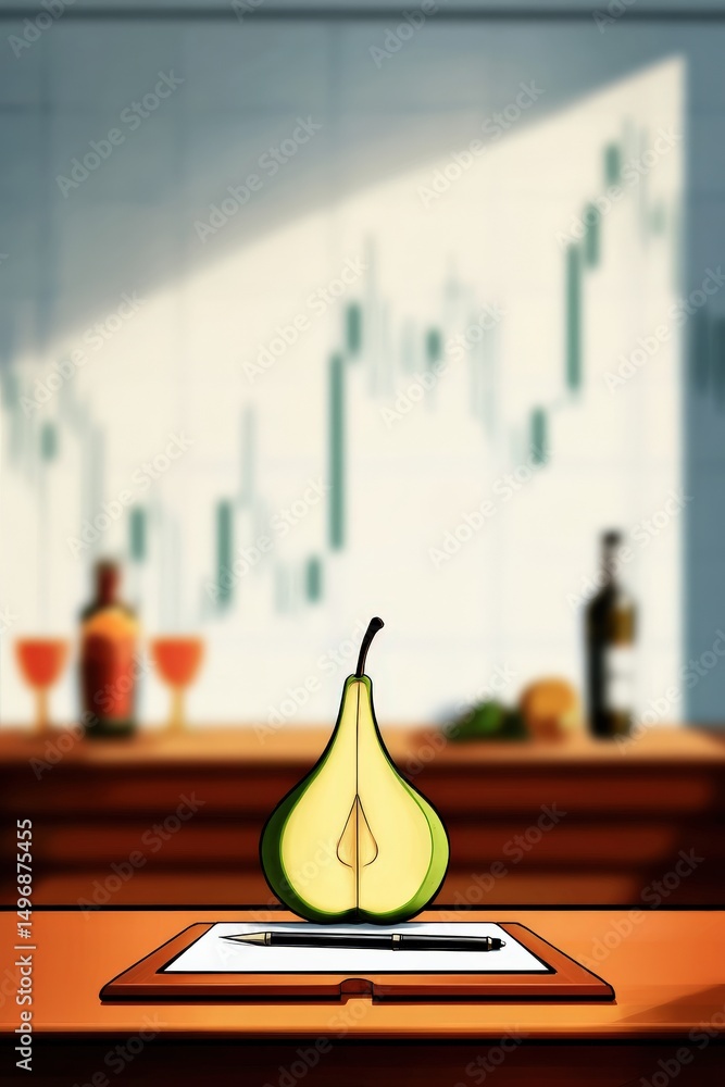 Poster a pear is cut in half and placed on a table. the image is of a kitchen with a bottle of wine and a w