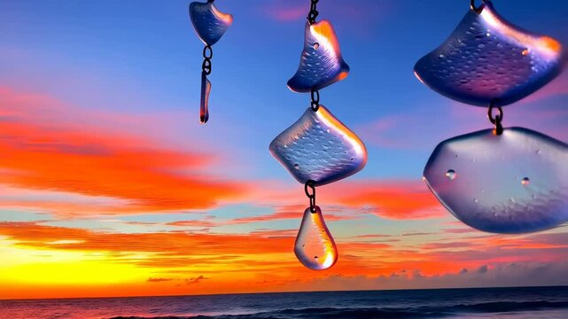 Decorative glass wind chimes hanging with a colorful sky and ocean backdrop at sunset creating a beautiful zen tranquil scene.