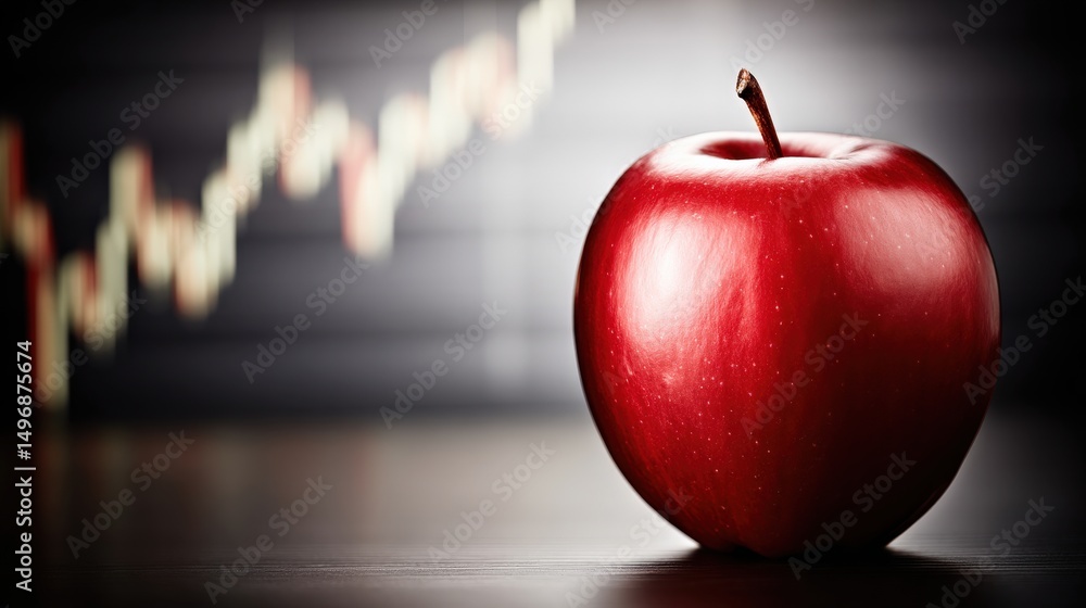 Poster a red apple sits on a table in front of a graph. the apple is the only object in the image, and it i